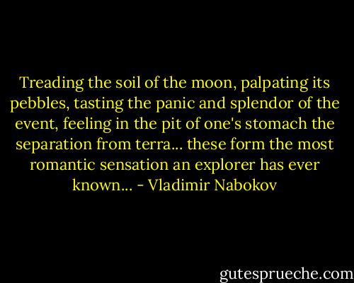 Treading the soil of the moon, palpating its pebbles, tasting the panic and splendor of the event, feeling in the pit of one's stomach the separation from terra... these form the most romantic sensation an explorer has ever known... - Vladimir Nabokov