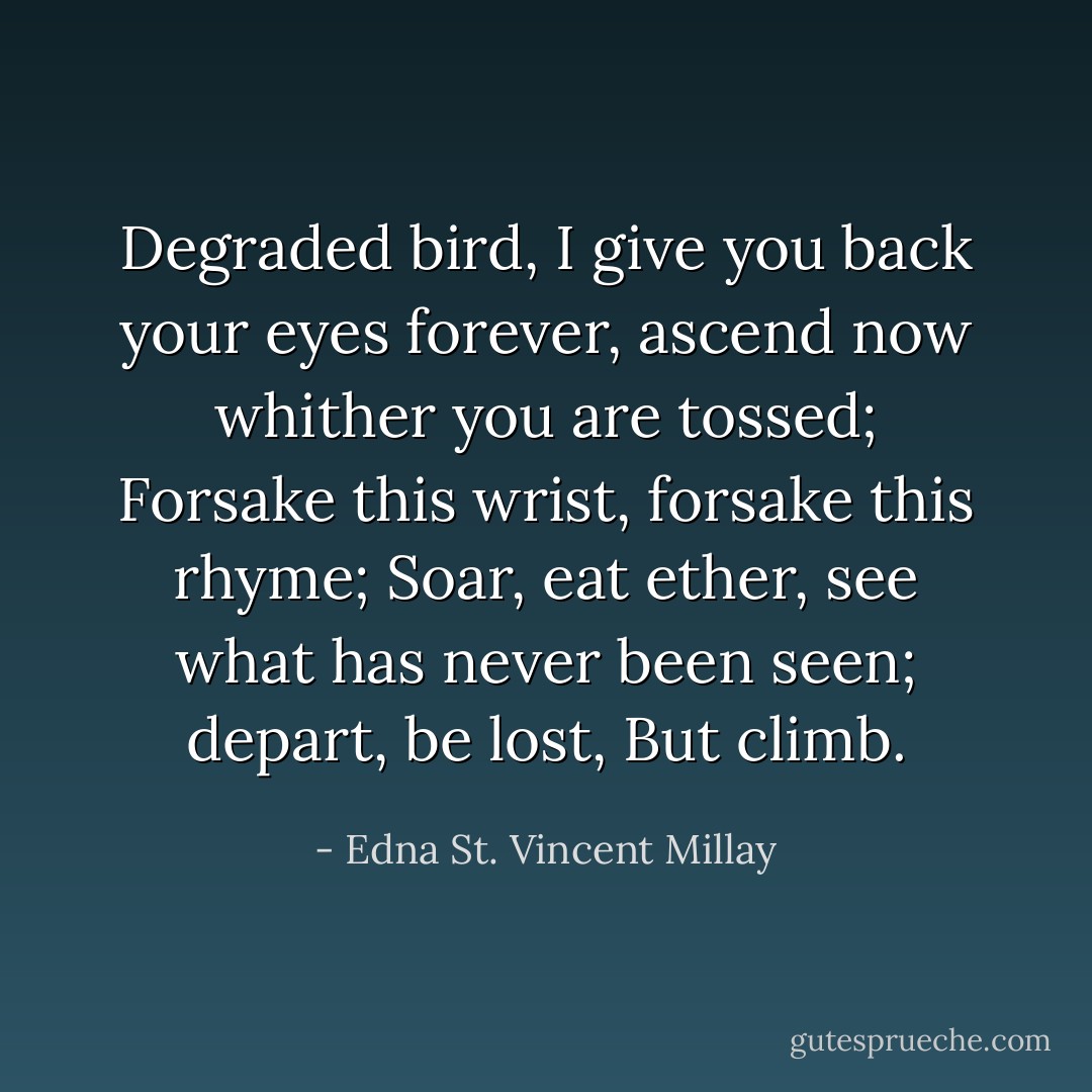 Degraded bird, I give you back your eyes forever, ascend now whither you are tossed;<br />Forsake this wrist, forsake this rhyme;<br />Soar, eat ether, see what has never been seen; depart, be lost,<br />But climb. - Edna St. Vincent Millay
