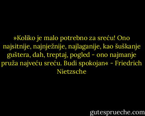 »Koliko je malo potrebno za sreću! Ono najsitnije, najnježnije,<br />najlaganije, kao šuškanje guštera, dah, treptaj, pogled - ono najmanje<br />pruža najveću sreću. Budi spokojan« - Friedrich Nietzsche