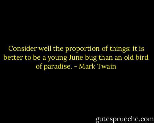 Consider well the proportion of things: it is better to be a young June bug than an old bird of paradise. - Mark Twain