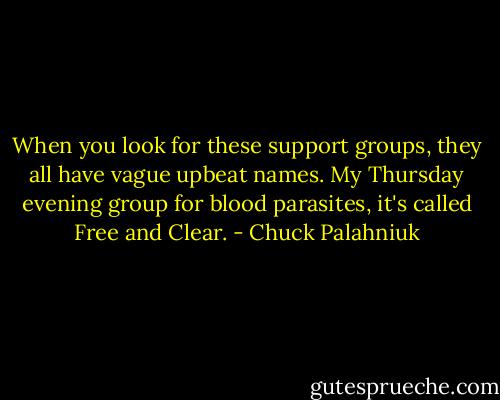 When you look for these support groups, they all have vague upbeat names. My Thursday evening group for blood parasites, it's called Free and Clear. - Chuck Palahniuk