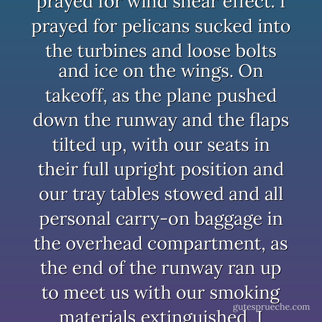 Life insurance pays off triple if you die on a business trip. I prayed for wind shear effect. I prayed for pelicans sucked into the turbines and loose bolts and ice on the wings. On takeoff, as the plane pushed down the runway and the flaps tilted up, with our seats in their full upright position and our tray tables stowed and all personal carry-on baggage in the overhead compartment, as the end of the runway ran up to meet us with our smoking materials extinguished, I prayed for a crash. - Chuck Palahniuk