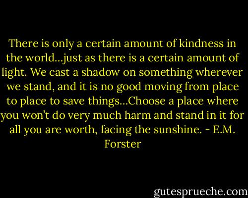 There is only a certain amount of kindness in the world…just as there is a certain amount of light. We cast a shadow on something wherever we stand, and it is no good moving from place to place to save things…Choose a place where you won’t do very much harm and stand in it for all you are worth, facing the sunshine. - E.M. Forster