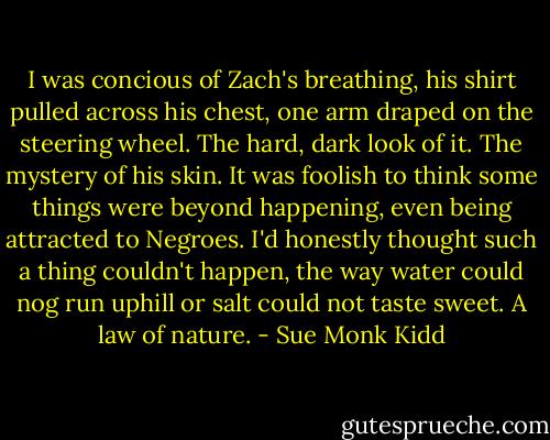 I was concious of Zach's breathing, his shirt pulled across his chest, one arm draped on the steering wheel. The hard, dark look of it. The mystery of his skin.<br />It was foolish to think some things were beyond happening, even being attracted to Negroes. I'd honestly thought such a thing couldn't happen, the way water could nog run uphill or salt could not taste sweet. A law of nature. - Sue Monk Kidd