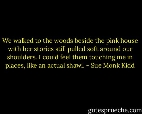 We walked to the woods beside the pink house with her stories still pulled soft around our shoulders. I could feel them touching me in places, like an actual shawl. - Sue Monk Kidd