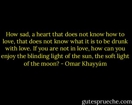 How sad, a heart that<br />does not know how to love, that<br />does not know what it is to be drunk with love.<br />If you are not in love, how can you enjoy<br />the blinding light of the sun,<br />the soft light of the moon? - Omar Khayyám