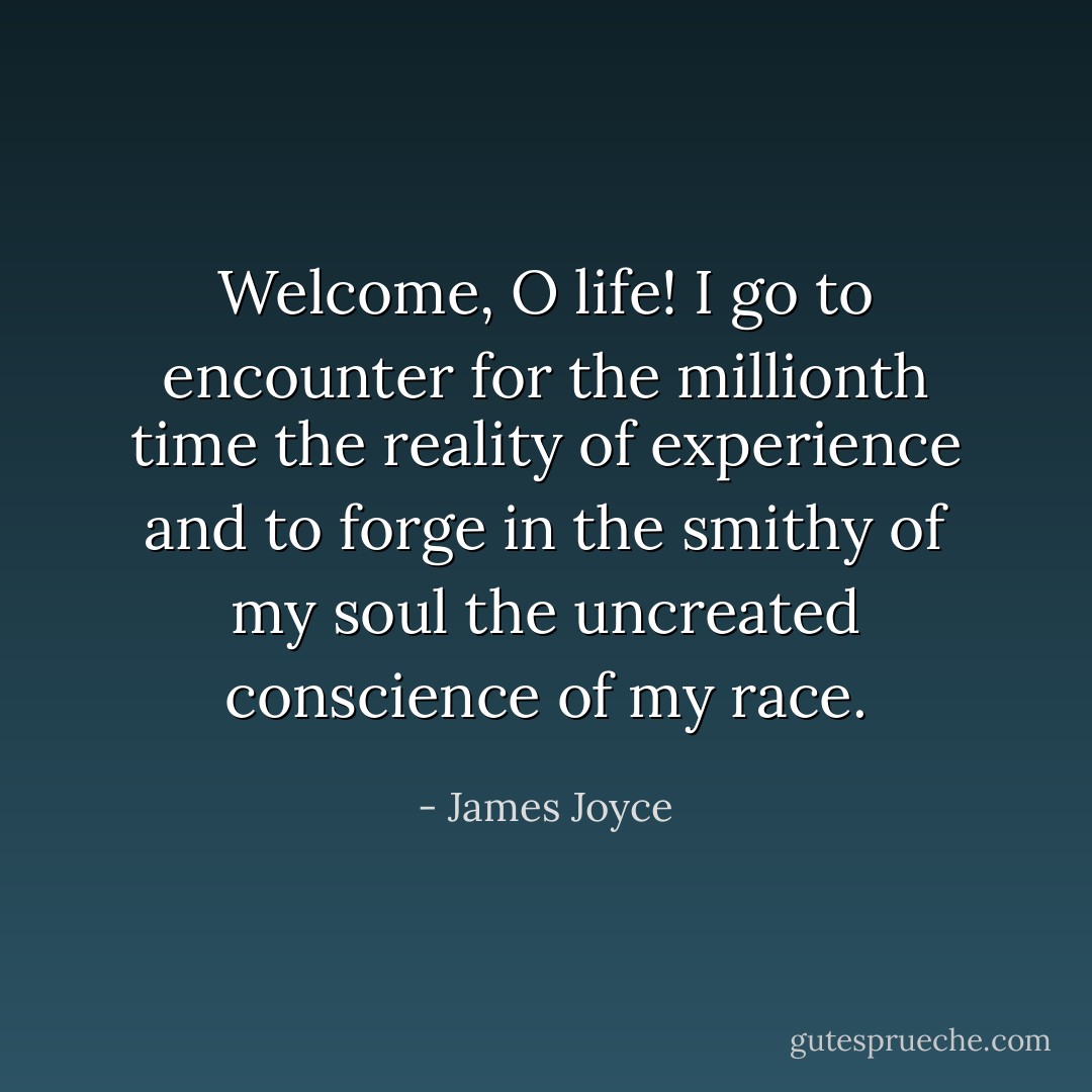 Welcome, O life! I go to encounter for the millionth time the reality of experience and to forge in the smithy of my soul the uncreated conscience of my race. - James Joyce