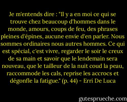 Je m'entends dire : "Il y a en moi ce qui se trouve chez beaucoup d'hommes dans le monde, amours, coups de feu, des phrases pleines d'épines, aucune envie d'en parler. Nous sommes ordinaires nous autres hommes. Ce qui est spécial, c'est vivre, regarder le soir le creux de sa main et savoir que le lendemain sera nouveau, que le tailleur de la nuit coud la peau, raccommode les cals, reprise les accrocs et dégonfle la fatigue." (p. 44) - Erri De Luca