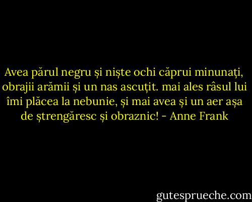 Avea părul negru și niște ochi căprui minunați, obrajii arămii și un nas ascuțit. mai ales râsul lui îmi plăcea la nebunie, și mai avea și un aer așa de ștrengăresc și obraznic! - Anne Frank