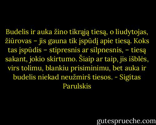 Budelis ir auka žino tikrąją tiesą, o liudytojas, žiūrovas – jis gauna tik įspūdį apie tiesą. Koks tas įspūdis – stipresnis ar silpnesnis, – tiesą sakant, jokio skirtumo. Šiaip ar taip, jis išblės, virs tolimu, blankiu prisiminimu, bet auka ir budelis niekad neužmirš tiesos. - Sigitas Parulskis