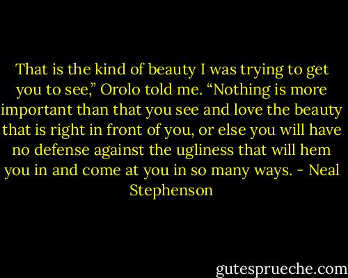That is the kind of beauty I was trying to get you to see,” Orolo told me. “Nothing is more important than that you see and love the beauty that is right in front of you, or else you will have no defense against the ugliness that will hem you in and come at you in so many ways. - Neal Stephenson