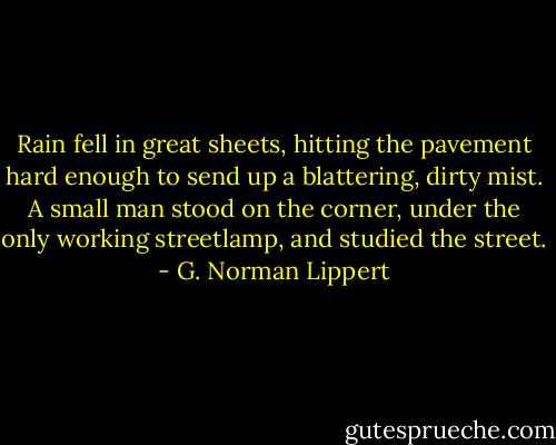 Rain fell in great sheets, hitting the pavement hard enough to send up a blattering, dirty mist. A small man stood on the corner, under the only working streetlamp, and studied the street. - G. Norman Lippert