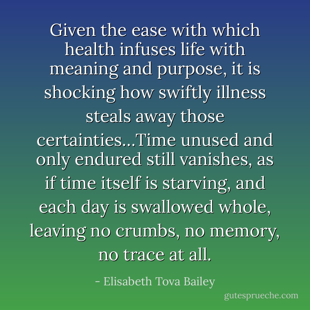 Given the ease with which health infuses life with meaning and purpose, it is shocking how swiftly illness steals away those certainties…Time unused and only endured still vanishes, as if time itself is starving, and each day is swallowed whole, leaving no crumbs, no memory, no trace at all. - Elisabeth Tova Bailey
