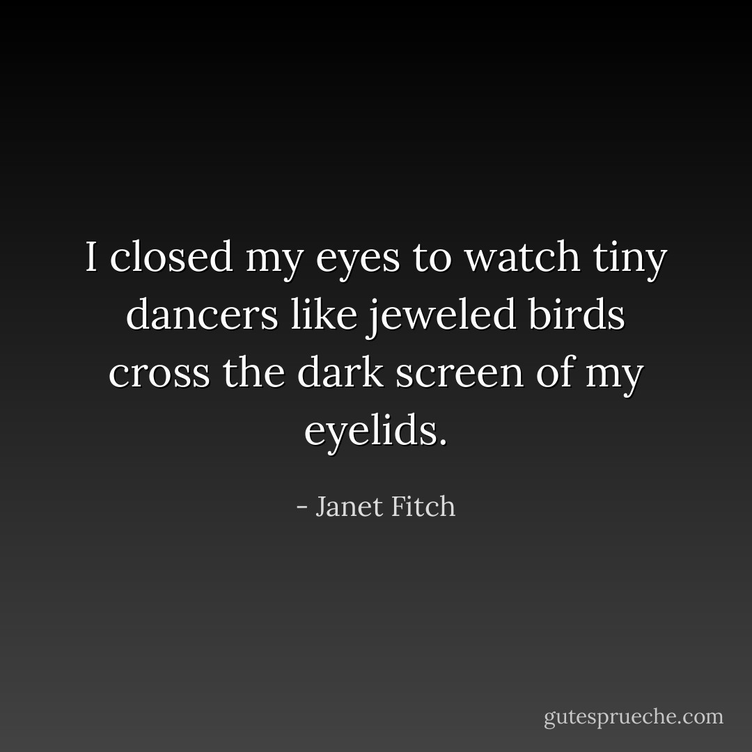 I closed my eyes to watch tiny dancers like jeweled birds cross the dark screen of my eyelids. - Janet Fitch