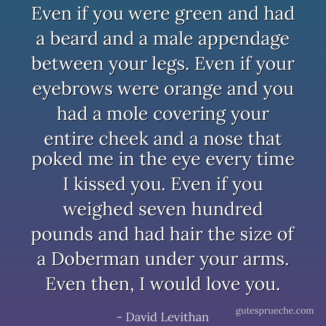 Even if you were green and had a beard and a male appendage between your legs. Even if your eyebrows were orange and you had a mole covering your entire cheek and a nose that poked me in the eye every time I kissed you. Even if you weighed seven hundred pounds and had hair the size of a Doberman under your arms. Even then, I would love you. - David Levithan