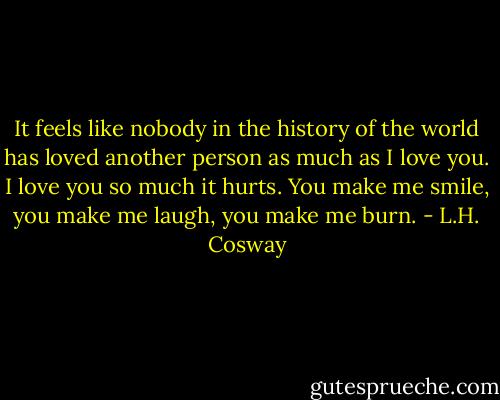 It feels like nobody in the history of the world has loved another person as much as I love you. I love you so much it hurts. You make me smile, you make me laugh, you make me burn. - L.H. Cosway