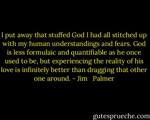 I put away that stuffed God I had all stitched up with my human understandings and fears. God is less formulaic and quantifiable as he once used to be, but experiencing the reality of his love is infinitely better than dragging that other one around. - Jim   Palmer