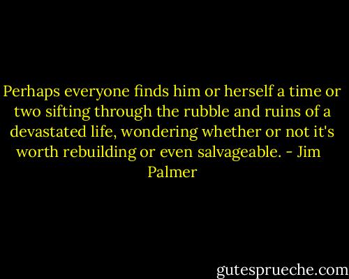 Perhaps everyone finds him or herself a time or two sifting through the rubble and ruins of a devastated life, wondering whether or not it's worth rebuilding or even salvageable. - Jim   Palmer
