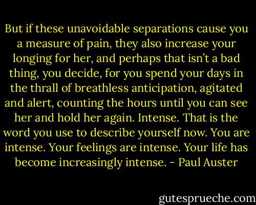 But if these unavoidable separations cause you a measure of pain, they also increase your longing for her, and perhaps that isn’t a bad thing, you decide, for you spend your days in the thrall of breathless anticipation, agitated and alert, counting the hours until you can see her and hold her again. Intense. That is the word you use to describe yourself now. You are intense. Your feelings are intense. Your life has become increasingly intense. - Paul Auster