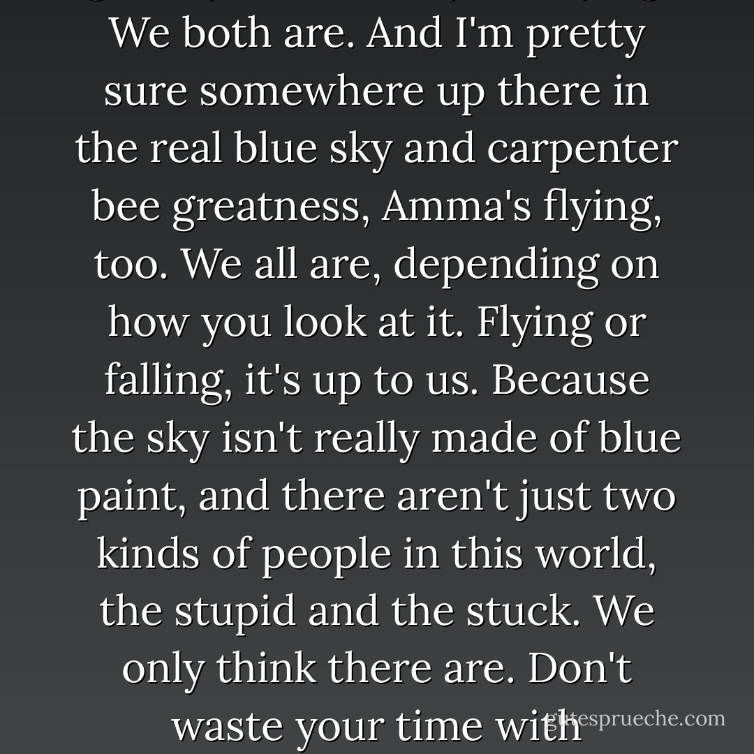 I'm not falling anymore. That's what L says, and she's right.<br />I guess you could say I'm flying. We both are.<br />And I'm pretty sure somewhere up there in the real blue sky and carpenter bee greatness, Amma's flying, too.<br />We all are, depending on how you look at it. Flying or falling, it's up to us.<br />Because the sky isn't really made of blue paint, and there aren't just two kinds of people in this world, the stupid and the stuck. We only think there are. Don't waste your time with either-with anything. It's not worth it. - Kami Garcia