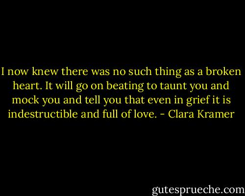 I now knew there was no such thing as a broken heart. It will go on beating to taunt you and mock you and tell you that even in grief it is indestructible and full of love. - Clara Kramer