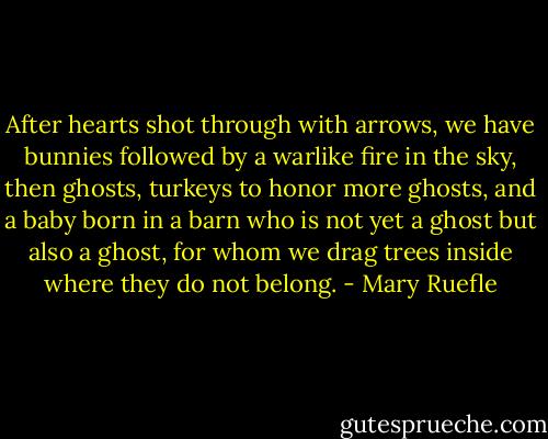 After hearts shot through with arrows, we have bunnies followed by a warlike fire in the sky, then ghosts, turkeys to honor more ghosts, and a baby born in a barn who is not yet a ghost but also a ghost, for whom we drag trees inside where they do not belong. - Mary Ruefle