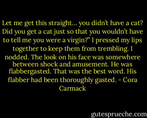 Let me get this straight… you didn’t have a cat? Did you get a cat just so that you wouldn’t have to tell me you were a virgin?”<br />I pressed my lips together to keep them from trembling. I nodded. The look on his face was somewhere between shock and amusement. He<br />was flabbergasted. That was the best word. His flabber had been thoroughly gasted. - Cora Carmack