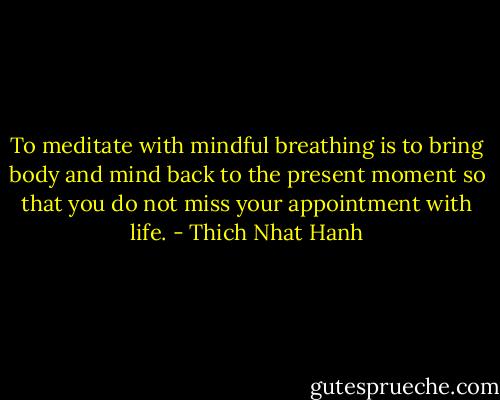 To meditate with mindful breathing is to bring body and mind back to the present moment so that you do not miss your appointment with life. - Thich Nhat Hanh