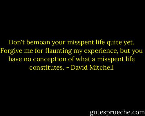 Don't bemoan your misspent life quite yet. Forgive me for flaunting my experience, but you have no conception of what a misspent life constitutes. - David Mitchell