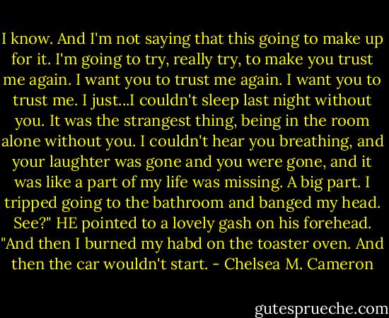 I know. And I'm not saying that this going to make up for it. I'm going to try, really try, to make you trust me again. I want you to trust me again. I want you to trust me. I just...I couldn't sleep last night without you. It was the strangest thing, being in the room alone without you. I couldn't hear you breathing, and your laughter was gone and you were gone, and it was like a part of my life was missing. A big part. I tripped going to the bathroom and banged my head. See?" HE pointed to a lovely gash on his forehead. "And then I burned my habd on the toaster oven. And then the car wouldn't start. - Chelsea M. Cameron