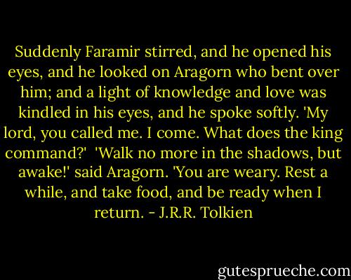 Suddenly Faramir stirred, and he opened his eyes, and he looked on Aragorn who bent over him; and a light of knowledge and love was kindled in his eyes, and he spoke softly. 'My lord, you called me. I come. What does the king command?'<br /><br />'Walk no more in the shadows, but awake!' said Aragorn. 'You are weary. Rest a while, and take food, and be ready when I return. - J.R.R. Tolkien