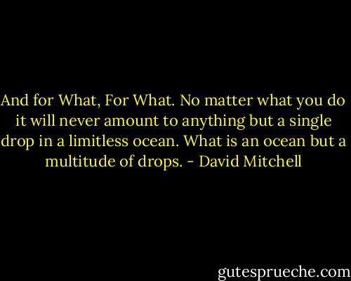 And for What, For What. No matter what you do it will never amount to anything but a single drop in a limitless ocean. What is an ocean but a multitude of drops. - David Mitchell