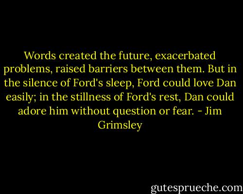 Words created the future, exacerbated problems, raised barriers between them. But in the silence of Ford's sleep, Ford could love Dan easily; in the stillness of Ford's rest, Dan could adore him without question or fear. - Jim Grimsley