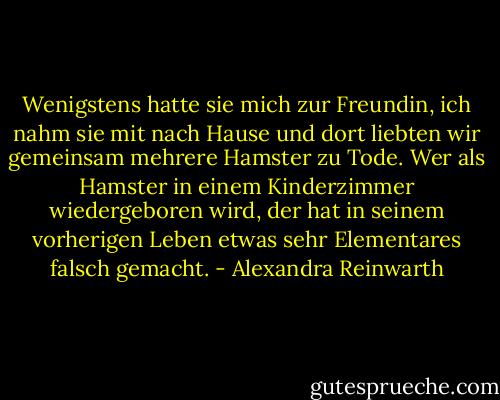 Wenigstens hatte sie mich zur Freundin, ich nahm sie mit nach Hause und dort liebten wir gemeinsam mehrere Hamster zu Tode. Wer als Hamster in einem Kinderzimmer wiedergeboren wird, der hat in seinem vorherigen Leben etwas sehr Elementares falsch gemacht. - Alexandra Reinwarth