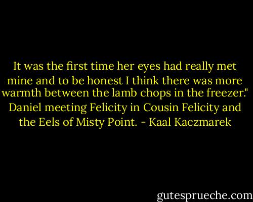 It was the first time her eyes had really met mine and to be honest I think there was more warmth between the lamb chops in the freezer." Daniel meeting Felicity in Cousin Felicity and the Eels of Misty Point. - Kaal Kaczmarek