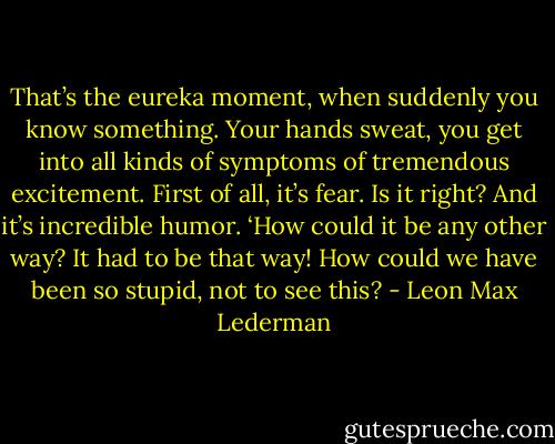 That’s the eureka moment, when suddenly you know something. Your hands sweat, you get into all kinds of symptoms of tremendous excitement. First of all, it’s fear. Is it right? And it’s incredible humor. ‘How could it be any other way? It had to be that way! How could we have been so stupid, not to see this? - Leon Max Lederman