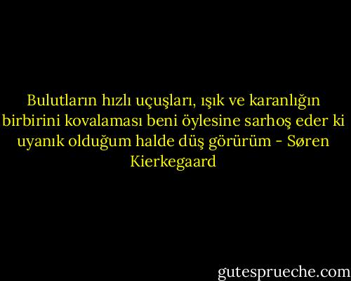 Bulutların hızlı uçuşları, ışık ve karanlığın birbirini kovalaması beni öylesine sarhoş eder ki uyanık olduğum halde düş görürüm - Søren Kierkegaard