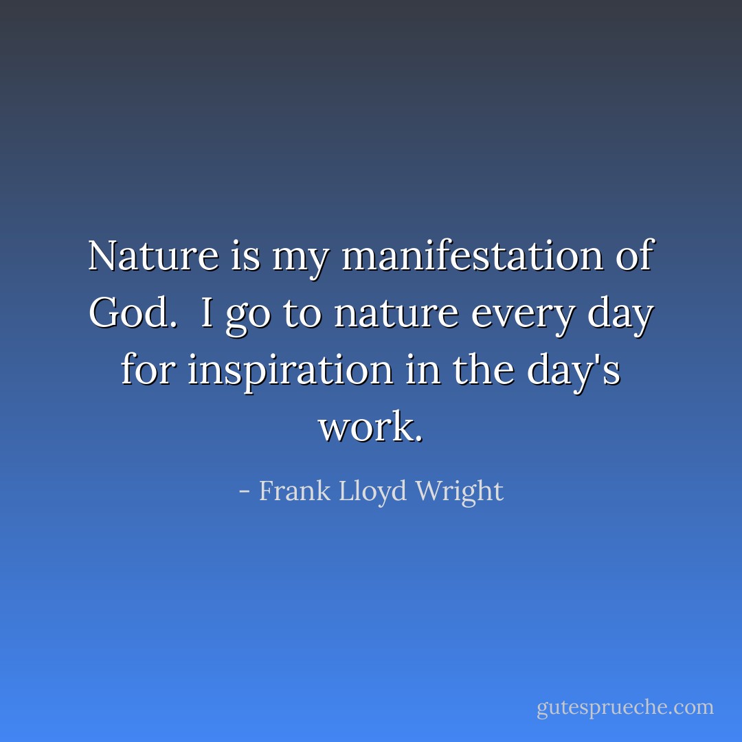 Nature is my manifestation of God. <br />I go to nature every day for inspiration in the day's work. - Frank Lloyd Wright