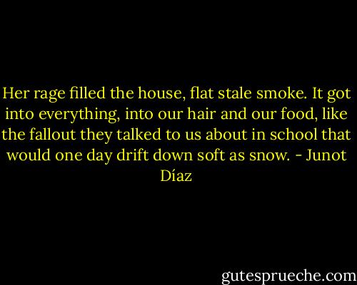 Her rage filled the house, flat stale smoke. It got into everything, into our hair and our food, like the fallout they talked to us about in school that would one day drift down soft as snow. - Junot Díaz