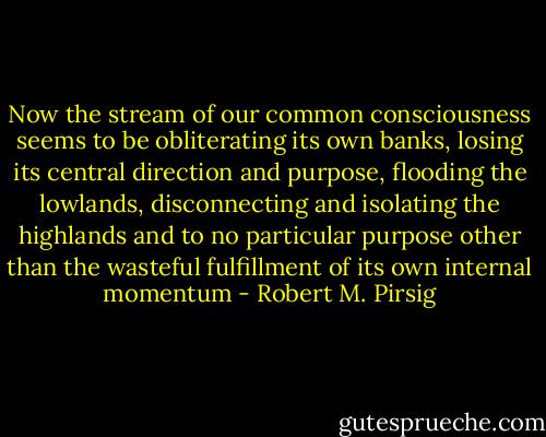 Now the stream of our common consciousness seems to be obliterating its own banks, losing its central direction and purpose, flooding the lowlands, disconnecting and isolating the highlands and to no particular purpose other than the wasteful fulfillment of its own internal momentum - Robert M. Pirsig