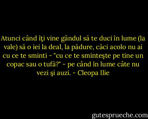 Atunci când îţi vine gândul să te duci în lume (la vale) să o iei la deal, la pădure, căci acolo nu ai cu ce te sminti - "cu ce te sminteşte pe tine un copac sau o tufă?" - pe când în lume câte nu vezi şi auzi. - Cleopa Ilie