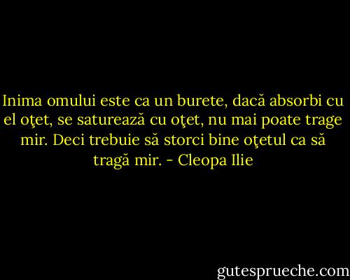 Inima omului este ca un burete, dacă absorbi cu el oţet, se saturează cu oţet, nu mai poate trage mir. Deci trebuie să storci bine oţetul ca să tragă mir. - Cleopa Ilie