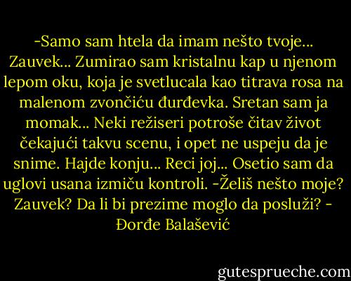 -Samo sam htela da imam nešto tvoje... Zauvek...<br />Zumirao sam kristalnu kap u njenom lepom oku, koja je svetlucala kao titrava rosa na malenom zvončiću đurđevka.<br />Sretan sam ja momak...<br />Neki režiseri potroše čitav život čekajući takvu scenu, i opet ne uspeju da je snime.<br />Hajde konju...<br />Reci joj...<br />Osetio sam da uglovi usana izmiču kontroli.<br />-Želiš nešto moje? Zauvek? Da li bi prezime moglo da posluži? - Đorđe Balašević