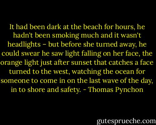 It had been dark at the beach for hours, he hadn't been smoking much and it wasn't headlights – but before she turned away, he could swear he saw light falling on her face, the orange light just after sunset that catches a face turned to the west, watching the ocean for someone to come in on the last wave of the day, in to shore and safety. - Thomas Pynchon