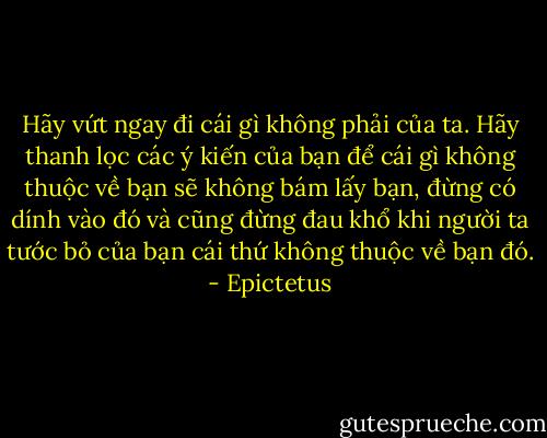 Hãy vứt ngay đi cái gì không phải của ta. Hãy thanh lọc các ý kiến của bạn để cái gì không thuộc về bạn sẽ không bám lấy bạn, đừng có dính vào đó và cũng đừng đau khổ khi người ta tước bỏ của bạn cái thứ không thuộc về bạn đó. - Epictetus