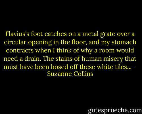Flavius's foot catches on a metal grate over a circular opening in the floor, and my stomach contracts when I think of why a room would need a drain. The stains of human misery that must have been hosed off these white tiles... - Suzanne Collins
