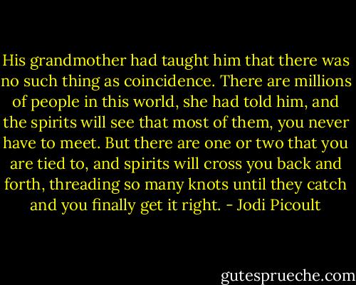 His grandmother had taught him that there was no such thing as coincidence. There are millions of people in this world, she had told him, and the spirits will see that most of them, you never have to meet. But there are one or two that you are tied to, and spirits will cross you back and forth, threading so many knots until they catch and you finally get it right. - Jodi Picoult