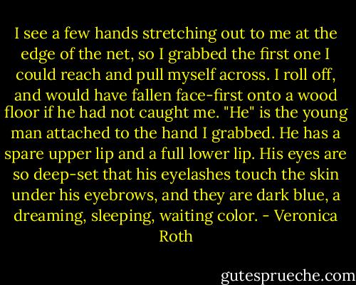 I see a few hands stretching out to me at the edge of the net, so I grabbed the first one I could reach and pull myself across. I roll off, and would have fallen face-first onto a wood floor if he had not caught me. "He" is the young man attached to the hand I grabbed. He has a spare upper lip and a full lower lip. His eyes are so deep-set that his eyelashes touch the skin under his eyebrows, and they are dark blue, a dreaming, sleeping, waiting color. - Veronica Roth