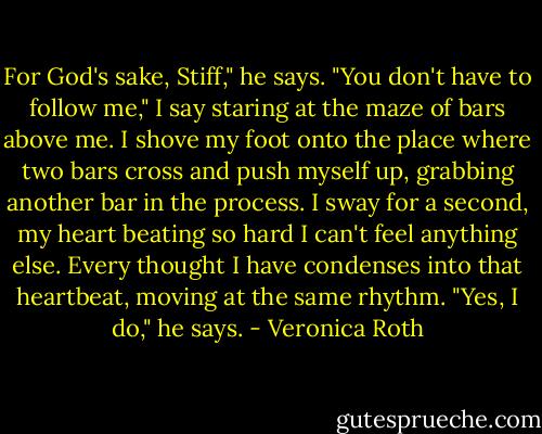 For God's sake, Stiff," he says. "You don't have to follow me," I say staring at the maze of bars above me. I shove my foot onto the place where two bars cross and push myself up, grabbing another bar in the process. I sway for a second, my heart beating so hard I can't feel anything else. Every thought I have condenses into that heartbeat, moving at the same rhythm. "Yes, I do," he says. - Veronica Roth