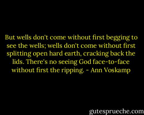 But wells don't come without first begging to see the wells; wells don't come without first splitting open hard earth, cracking back the lids. There's no seeing God face-to-face without first the ripping. - Ann Voskamp